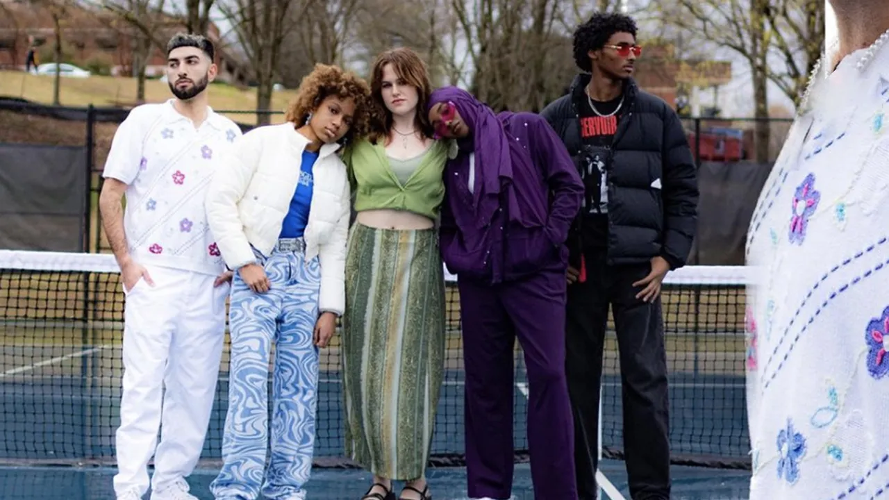a group of people standing on a tennis court